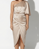 One Shoulder Satin Midi Dress with Wrap Style Skirt