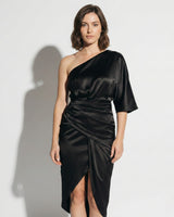 One Shoulder Satin Midi Dress with Wrap Style Skirt