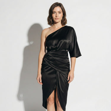 One Shoulder Satin Midi Dress with Wrap Style Skirt