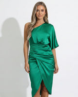 One Shoulder Satin Midi Dress with Wrap Style Skirt