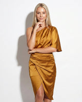 One Shoulder Satin Midi Dress with Wrap Style Skirt