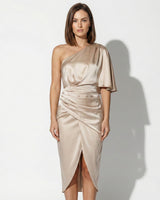 One Shoulder Satin Midi Dress with Wrap Style Skirt