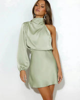One-Shoulder Satin Mini Dress with High Neck and Long Sleeve
