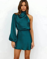 One-Shoulder Satin Mini Dress with High Neck and Long Sleeve