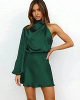 One-Shoulder Satin Mini Dress with High Neck and Long Sleeve