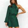One-Shoulder Satin Mini Dress with High Neck and Long Sleeve