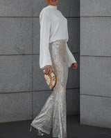 Open-Back Satin Shirt with Long Sleeves