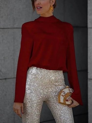 Open-Back Satin Shirt with Long Sleeves