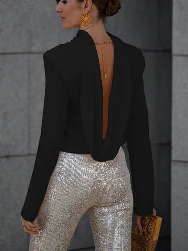 Open-Back Satin Shirt with Long Sleeves