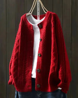 Close-up of cable knit texture and button detail on cardigan front