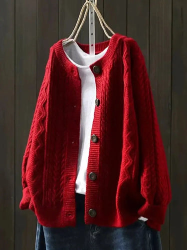 Close-up of cable knit texture and button detail on cardigan front