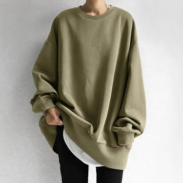 Side view of relaxed fit crewneck jumper showing full-length sleeves and hem length