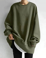Back view of oversized drop shoulder jumper with clean crewneck finish