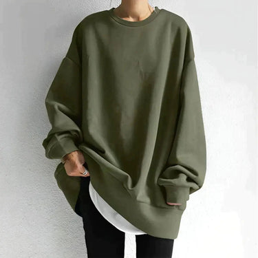 Back view of oversized drop shoulder jumper with clean crewneck finish