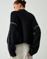 Detail shot of the rib-knit texture on the body of the jumper