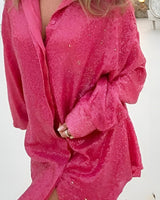 Oversized Sequin Shirt Dress with Button-Front Closure