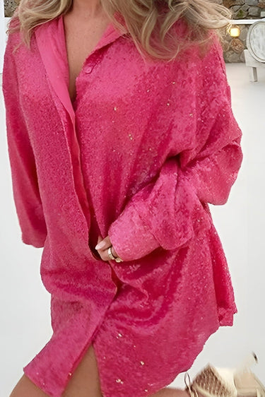 Oversized Sequin Shirt Dress with Button-Front Closure