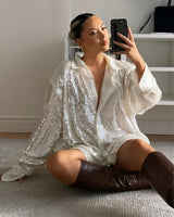 Oversized Sequin Shirt Dress with Button-Front Closure