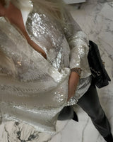Oversized Sequin Shirt Dress with Button-Front Closure