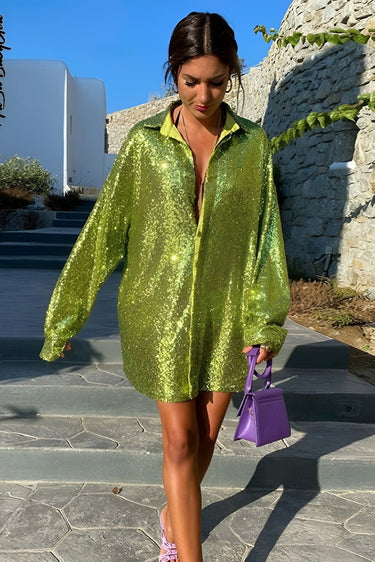 Oversized Sequin Shirt Dress with Button-Front Closure