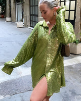 Oversized Sequin Shirt Dress with Button-Front Closure