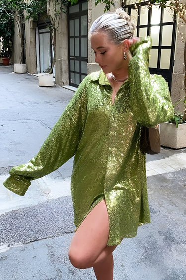 Oversized Sequin Shirt Dress with Button-Front Closure