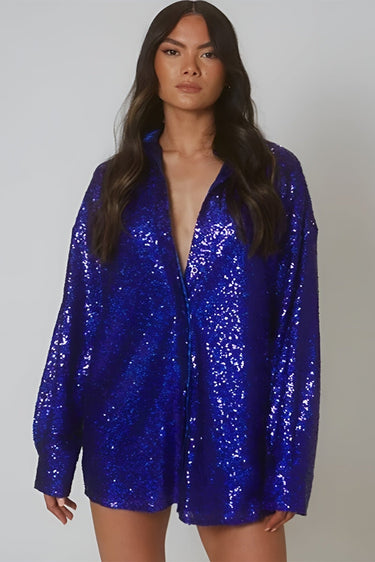 Oversized Sequin Shirt Dress with Button-Front Closure