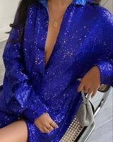 Oversized Sequin Shirt Dress with Button-Front Closure