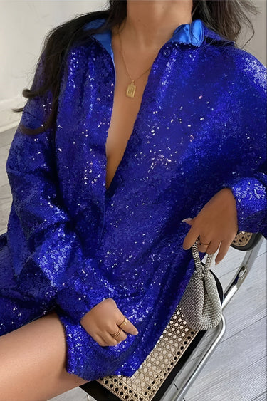 Oversized Sequin Shirt Dress with Button-Front Closure
