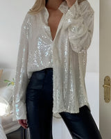 Oversized Sequin Shirt Dress with Button-Front Closure
