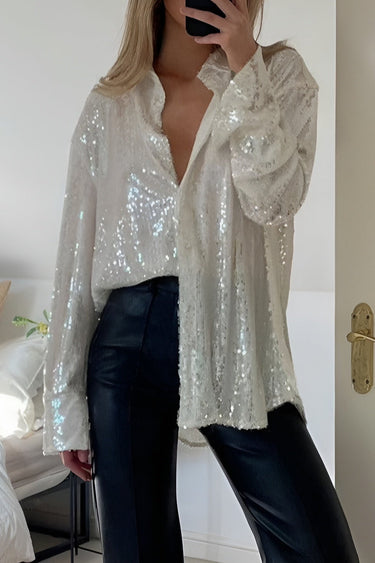 Oversized Sequin Shirt Dress with Button-Front Closure