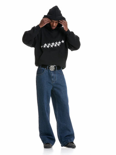 Oversized Star Embroidered Hoodie with Front Pocket