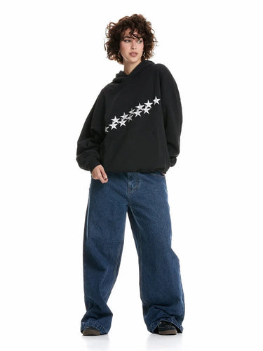 Oversized Star Embroidered Hoodie with Front Pocket