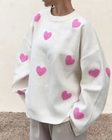Oversized Sweater with Heart Pattern and Ribbed Finish