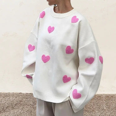 Oversized Sweater with Heart Pattern and Ribbed Finish