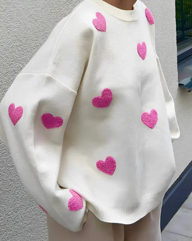 Oversized Sweater with Heart Pattern and Ribbed Finish