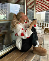 Oversized Sweater with Heart Pattern and Ribbed Finish