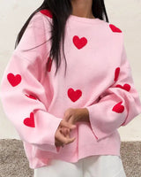 Oversized Sweater with Heart Pattern and Ribbed Finish