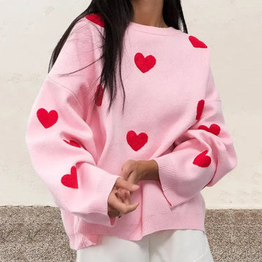 Oversized Sweater with Heart Pattern and Ribbed Finish