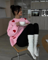 Oversized Sweater with Heart Pattern and Ribbed Finish