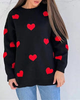 Oversized Sweater with Heart Pattern and Ribbed Finish