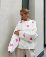 Oversized Sweater with Heart Pattern and Ribbed Finish
