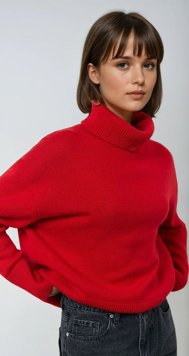 Red oversized turtleneck sweater with high roll neck, front view