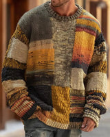 Men's chunky knit pullover jumper with patchwork colourblock panels and ribbed crew neckline