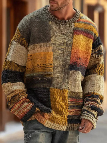 Men's chunky knit pullover jumper with patchwork colourblock panels and ribbed crew neckline