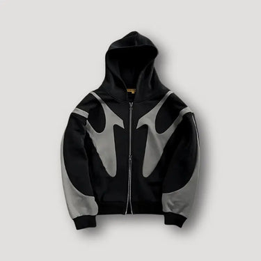 Side view of men's patchwork zip hoodie showing ribbed cuffs and hem detail