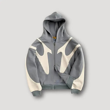 Back view of men's patchwork zip-up hoodie with streetwear-style panelling