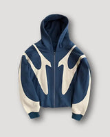 Men's patchwork zip hoodie with retro full-zip front and drawstring hood, front view