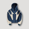 Men's patchwork zip hoodie with retro full-zip front and drawstring hood, front view