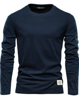 Man wearing a plain long sleeve crew neck top, front view